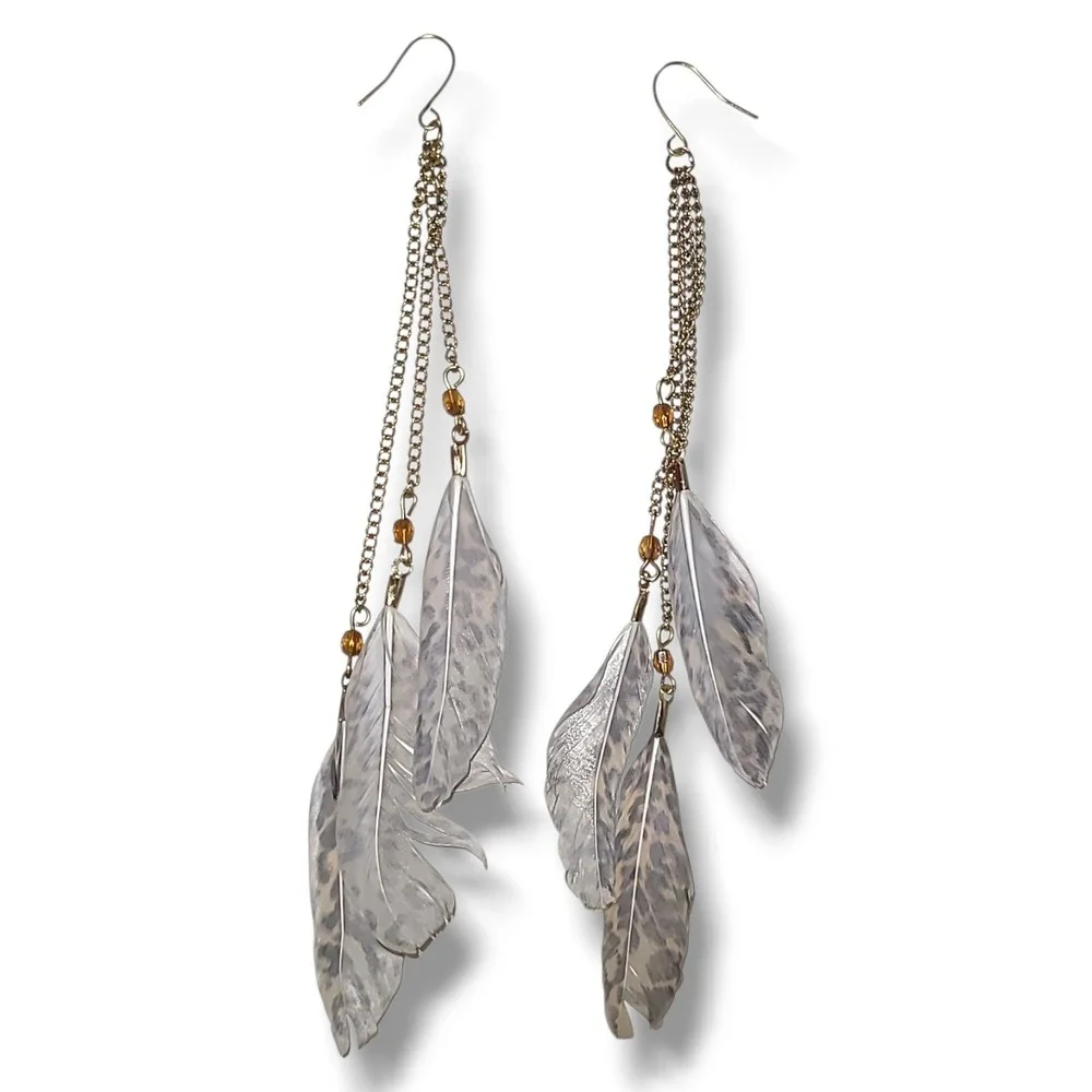 Boho Feather Shoulder Duster Dangle Earrings Gold Tone 6